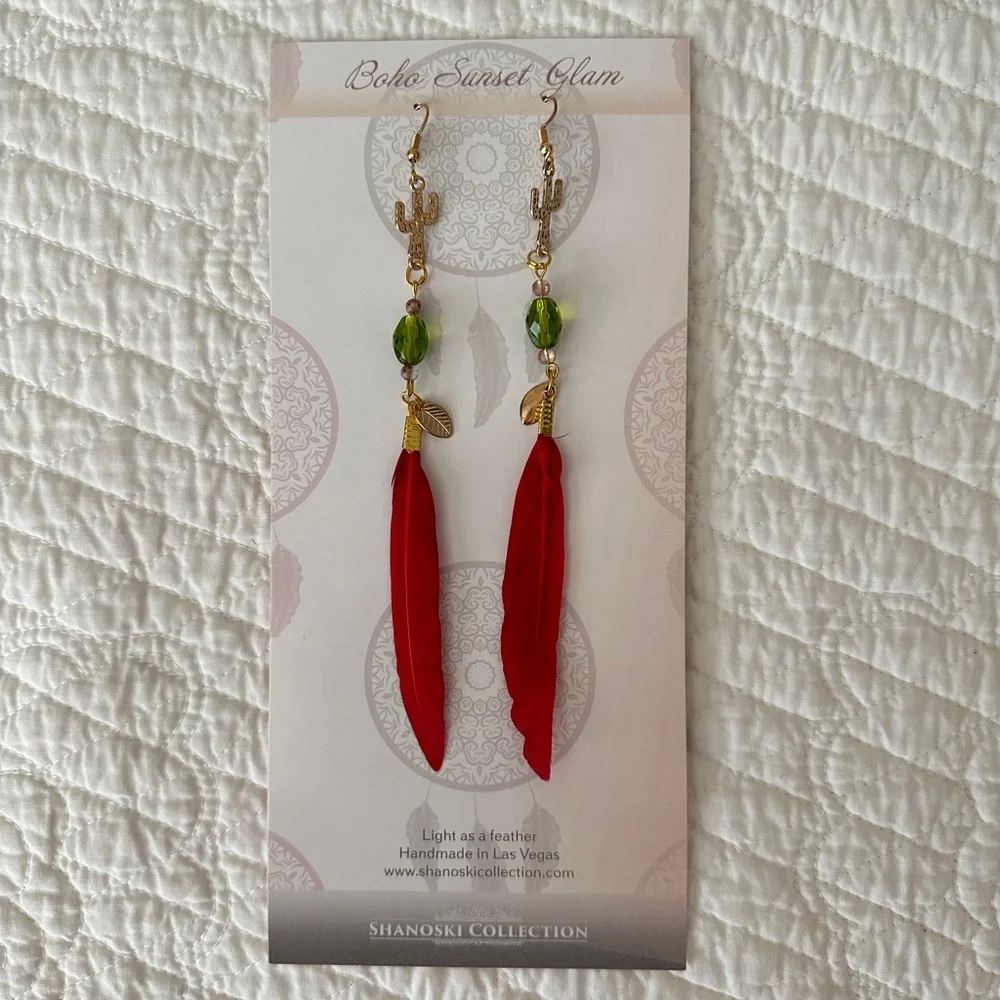 Cactus Southwest Handmade Boho Feather Earrings
